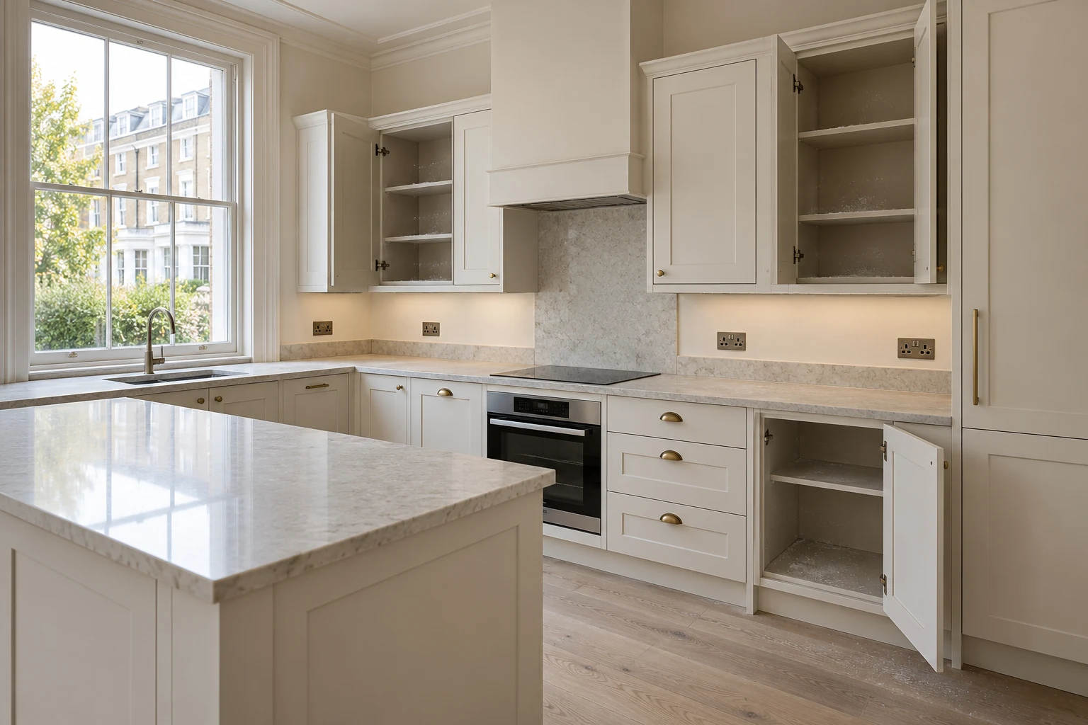 Newly fitted kitchen with empty cupboards ready for cleaning