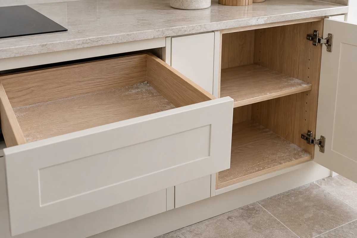 Dust along the edges of empty kitchen drawers and cupboards