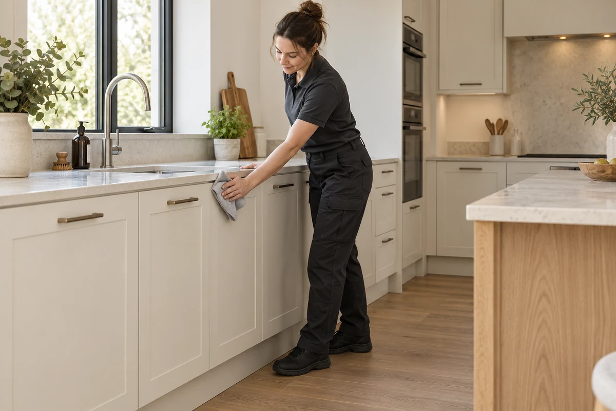 Cleaner wiping an ivory kitchen cabinet front