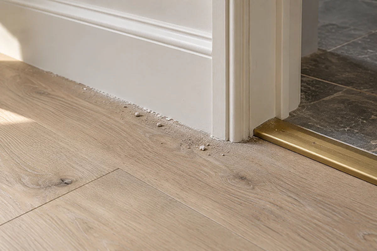 Renovation grit at an oak floor edge and threshold
