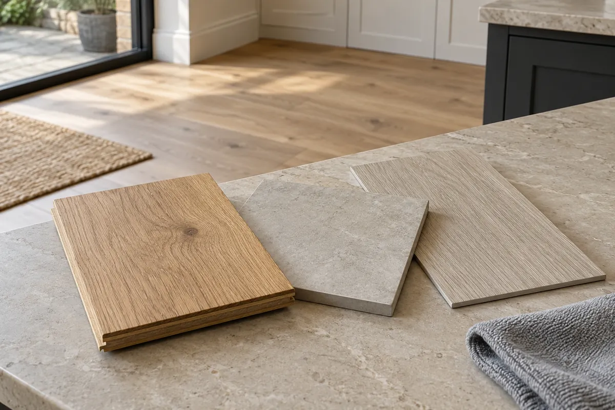 Flooring samples beside a folded cleaning cloth
