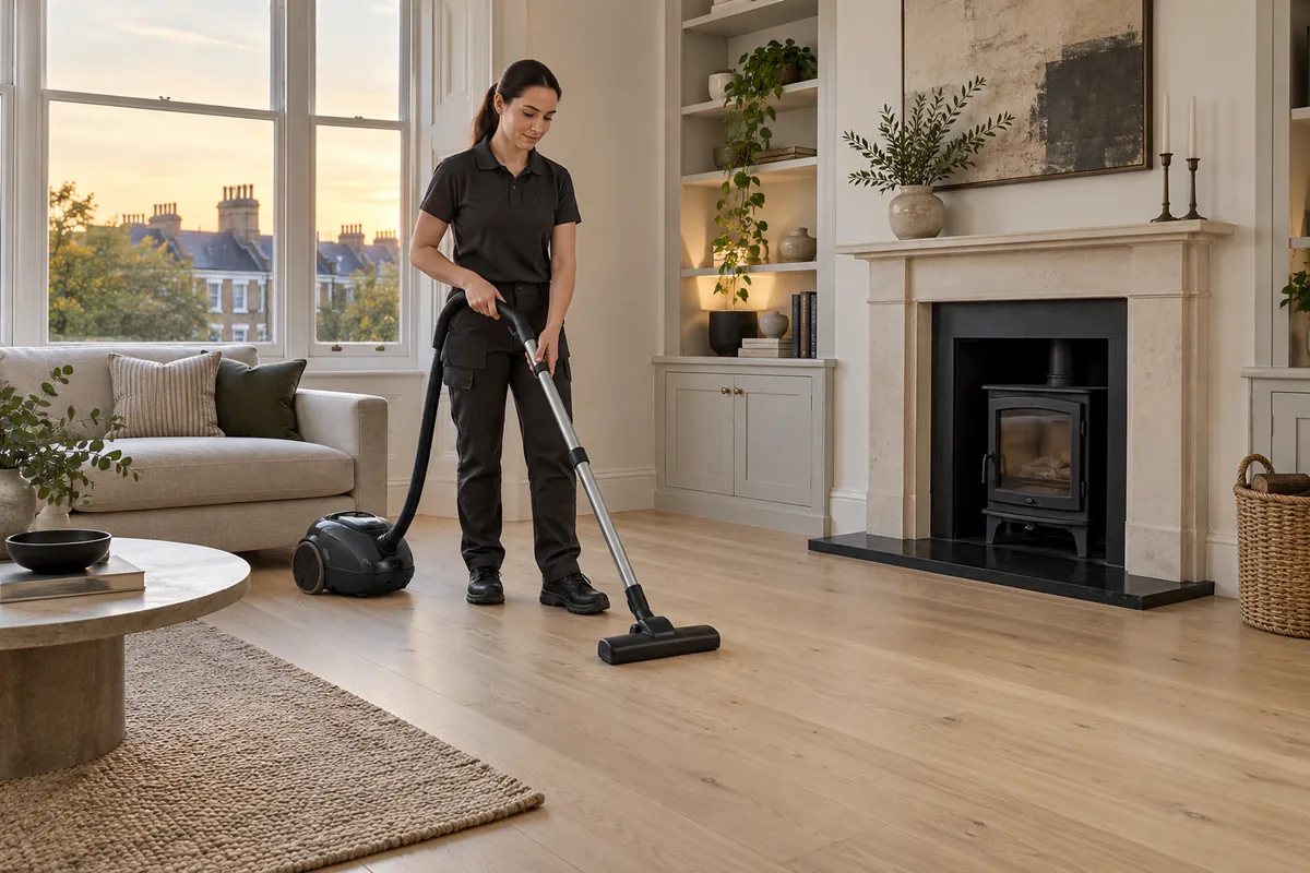 Cleaner using a vacuum on a newly fitted oak floor