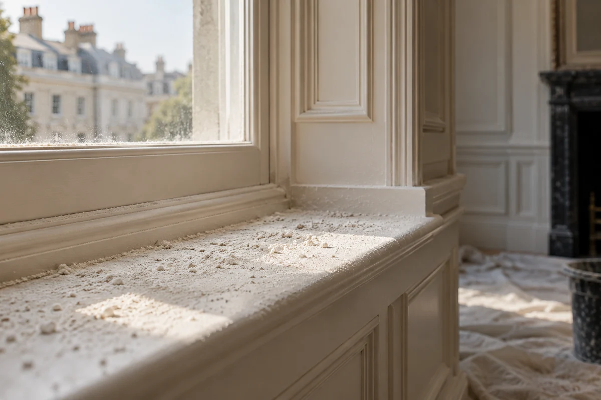 Fine construction dust on a timber window ledge