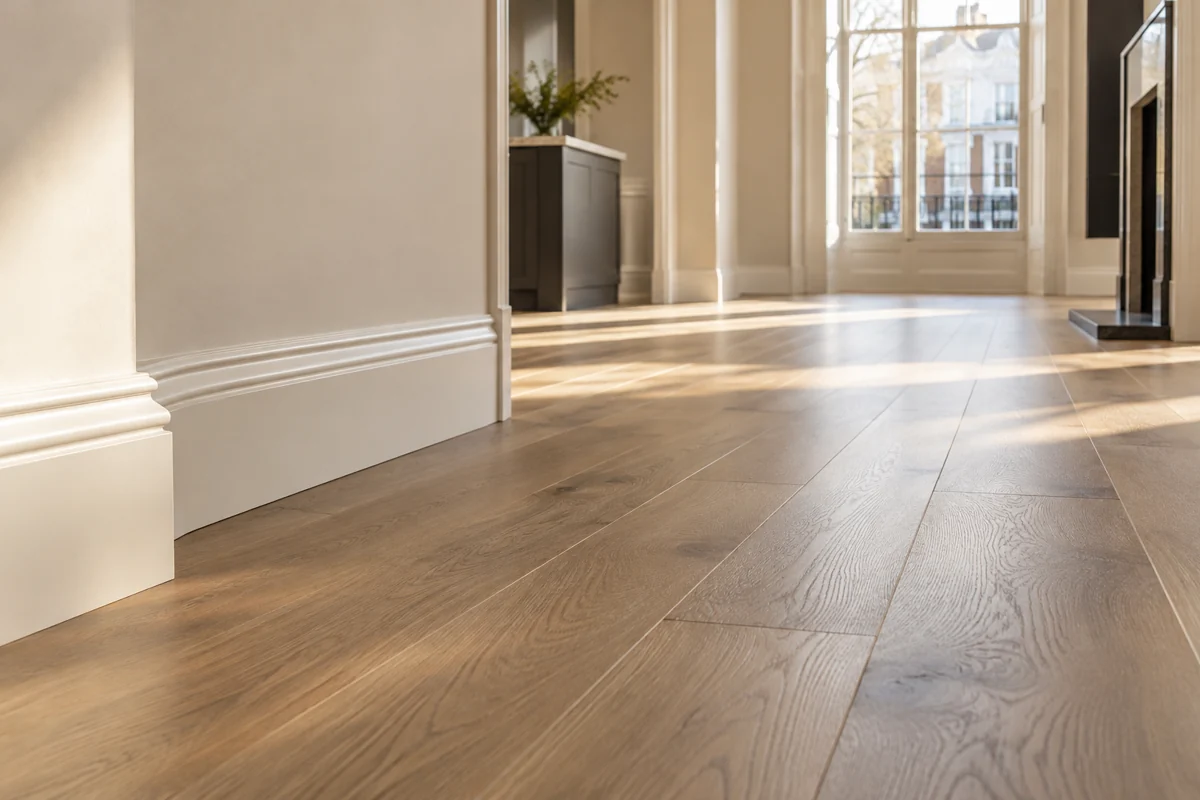 Clean oak floor beside white skirting