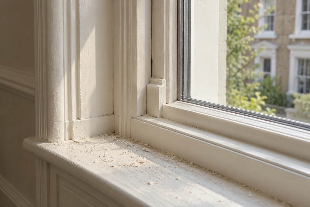 Fine dust in the corner of a timber window frame and sill