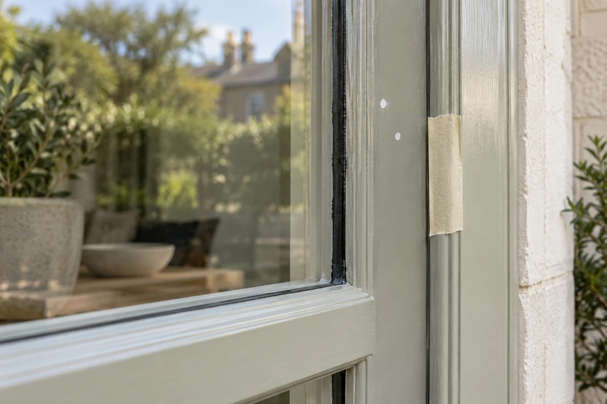 Small paint specks and masking tape beside a window frame