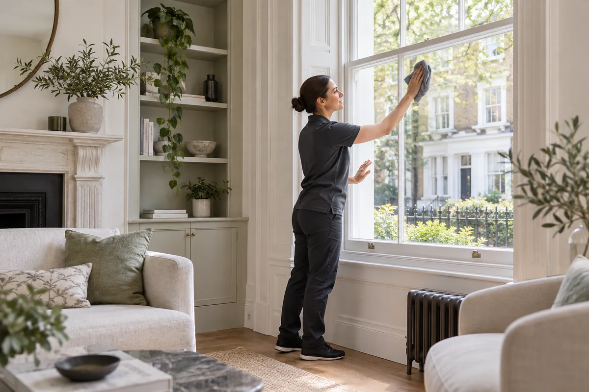 Cleaner wiping accessible interior window glass from floor level