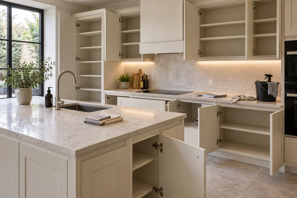 New ivory kitchen with cabinet doors open showing empty clean cupboard interiors