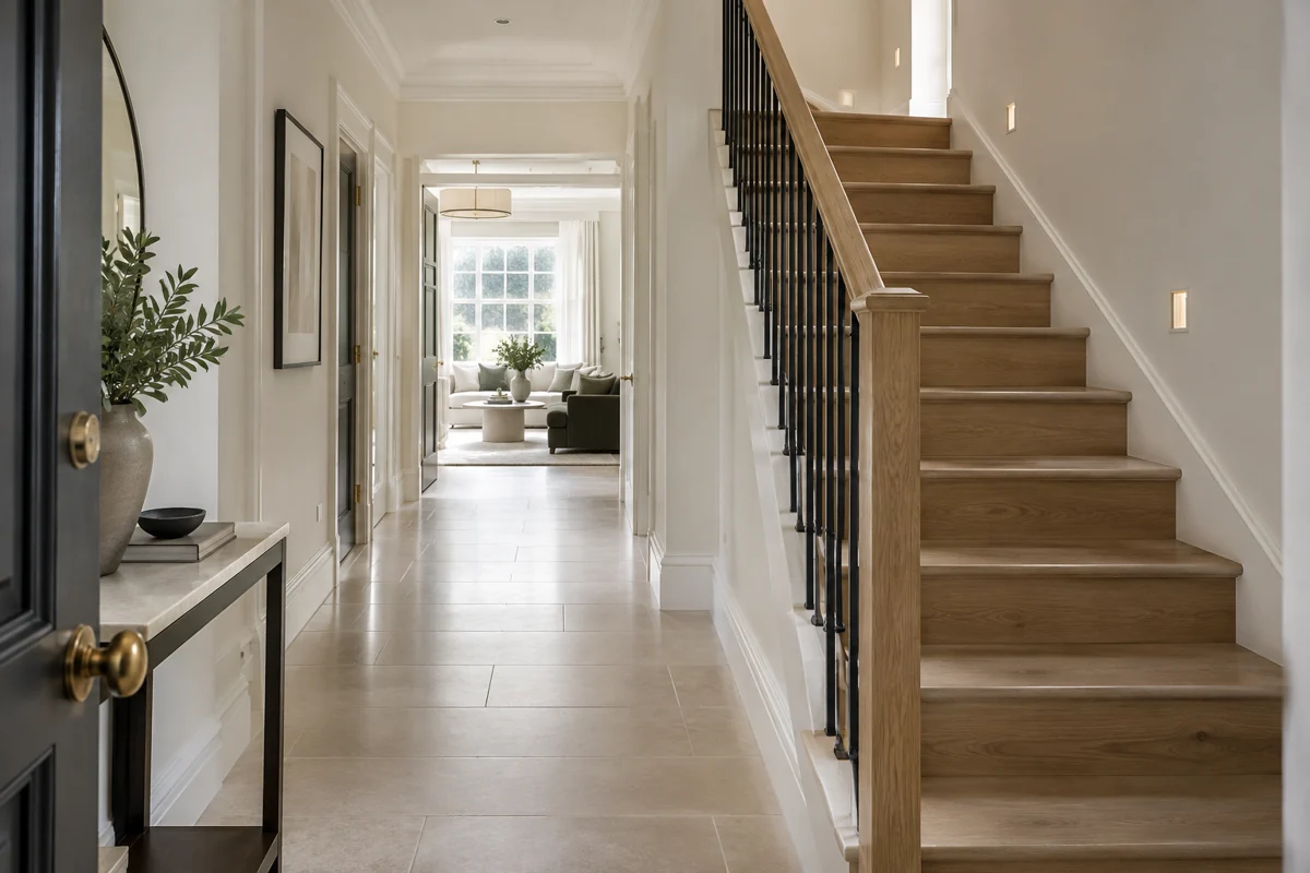 Clear safe entry hallway and staircase inside a renovated London flat