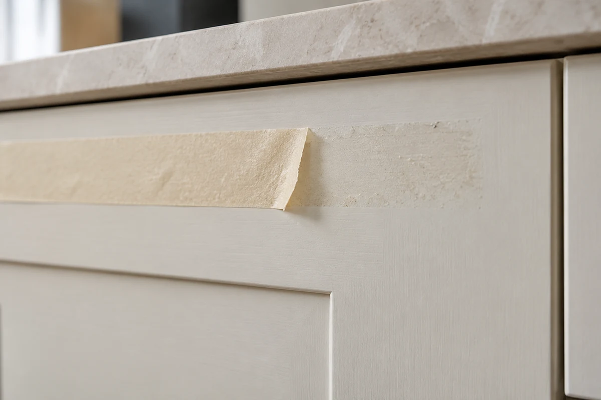 Masking tape and a light adhesive trace on a cabinet front
