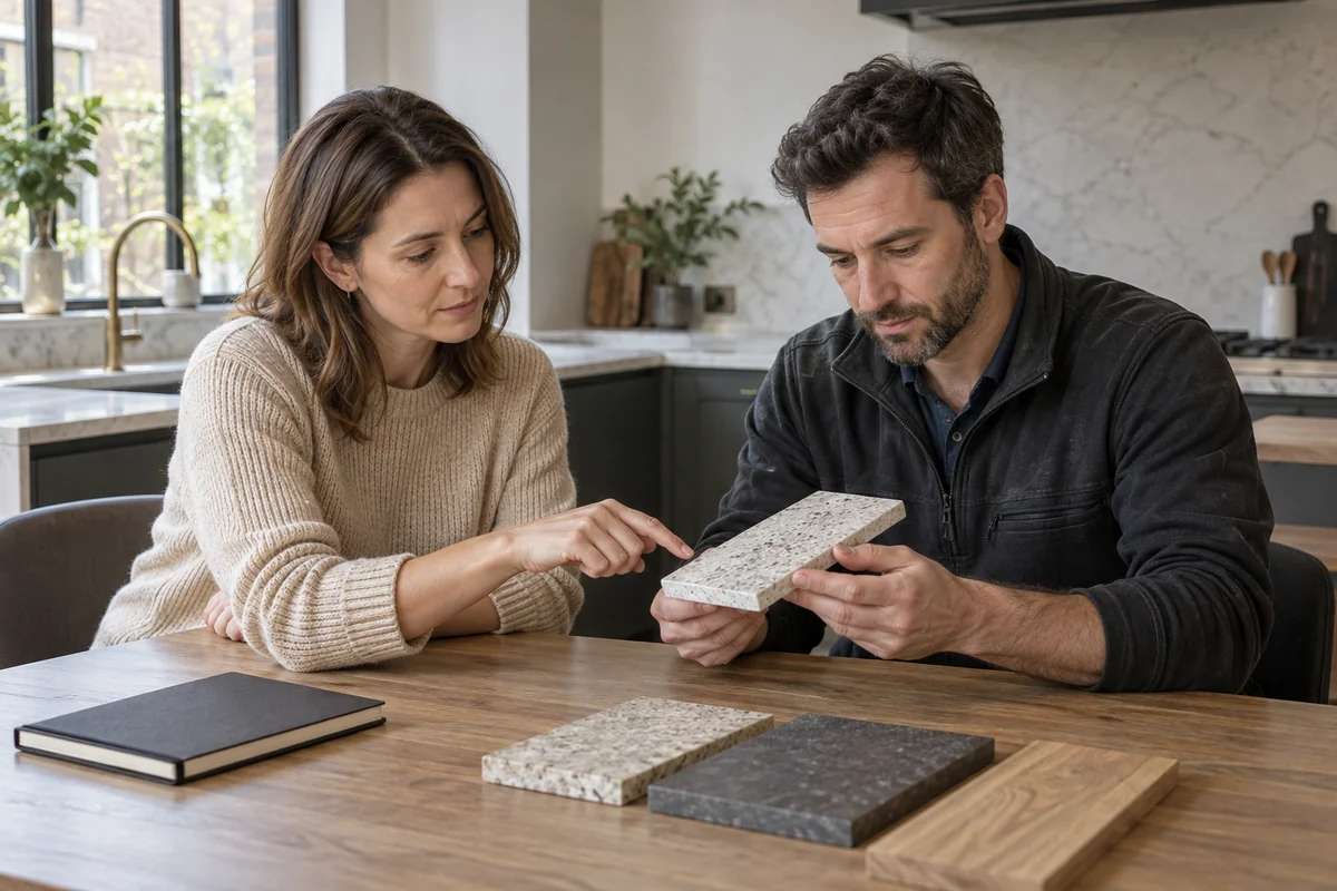 Owner and installer examining a surface sample together