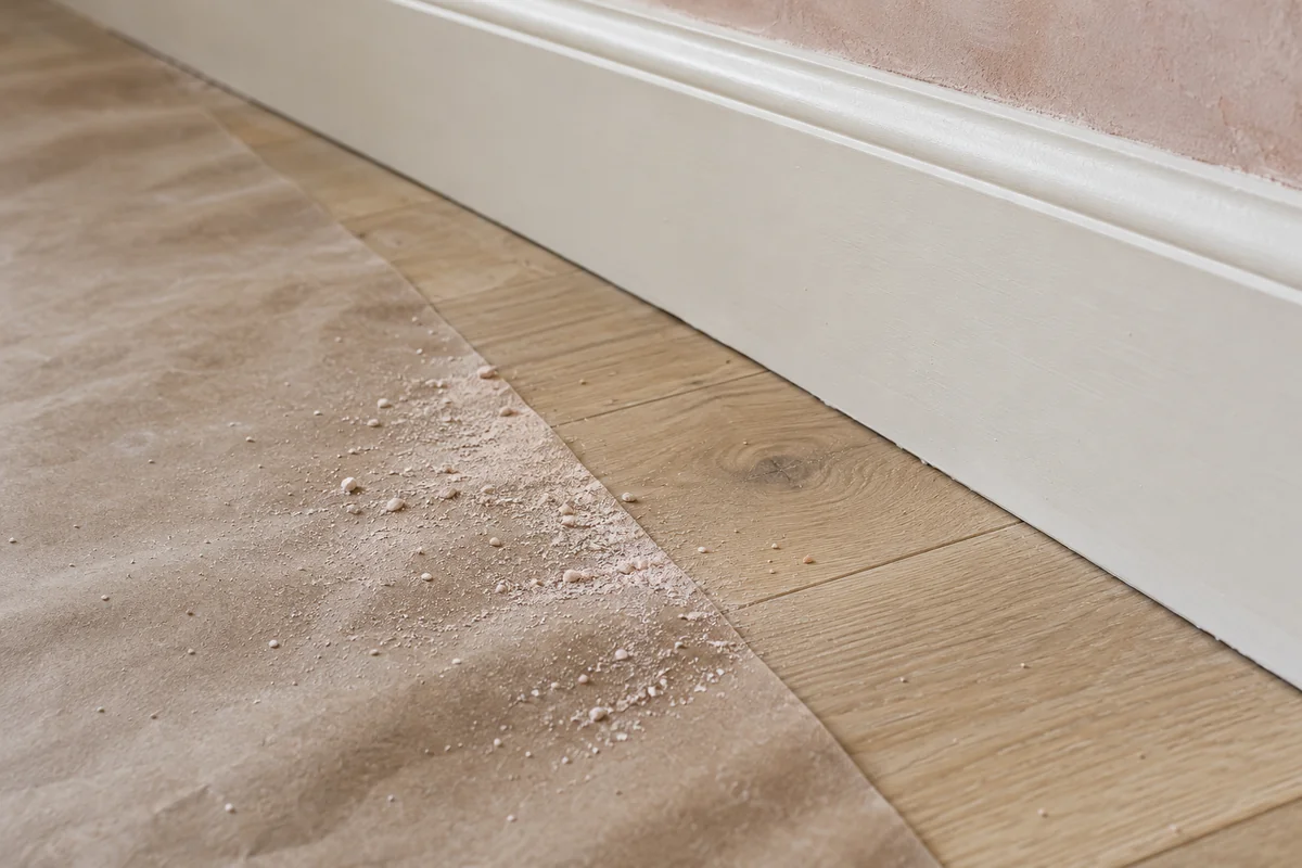 Plaster dust at the edge of protective floor paper