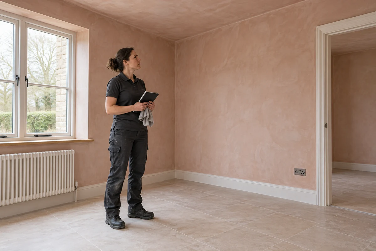 Cleaner inspecting a plastered room before the final clean