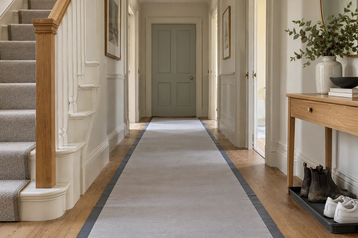 Protected hallway route beside a closed living-room door