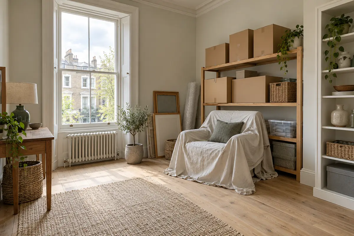 Covered armchair and neatly stored boxes during renovation
