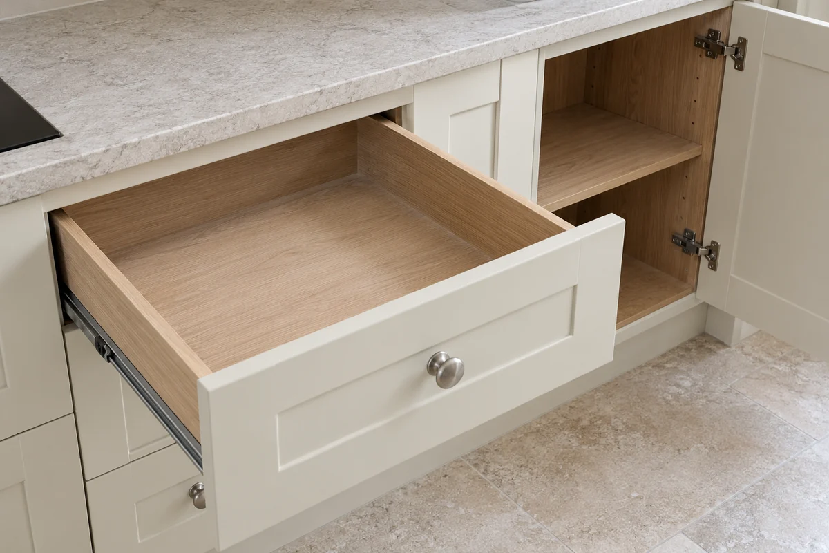 Empty kitchen drawer and cupboard ready for inspection