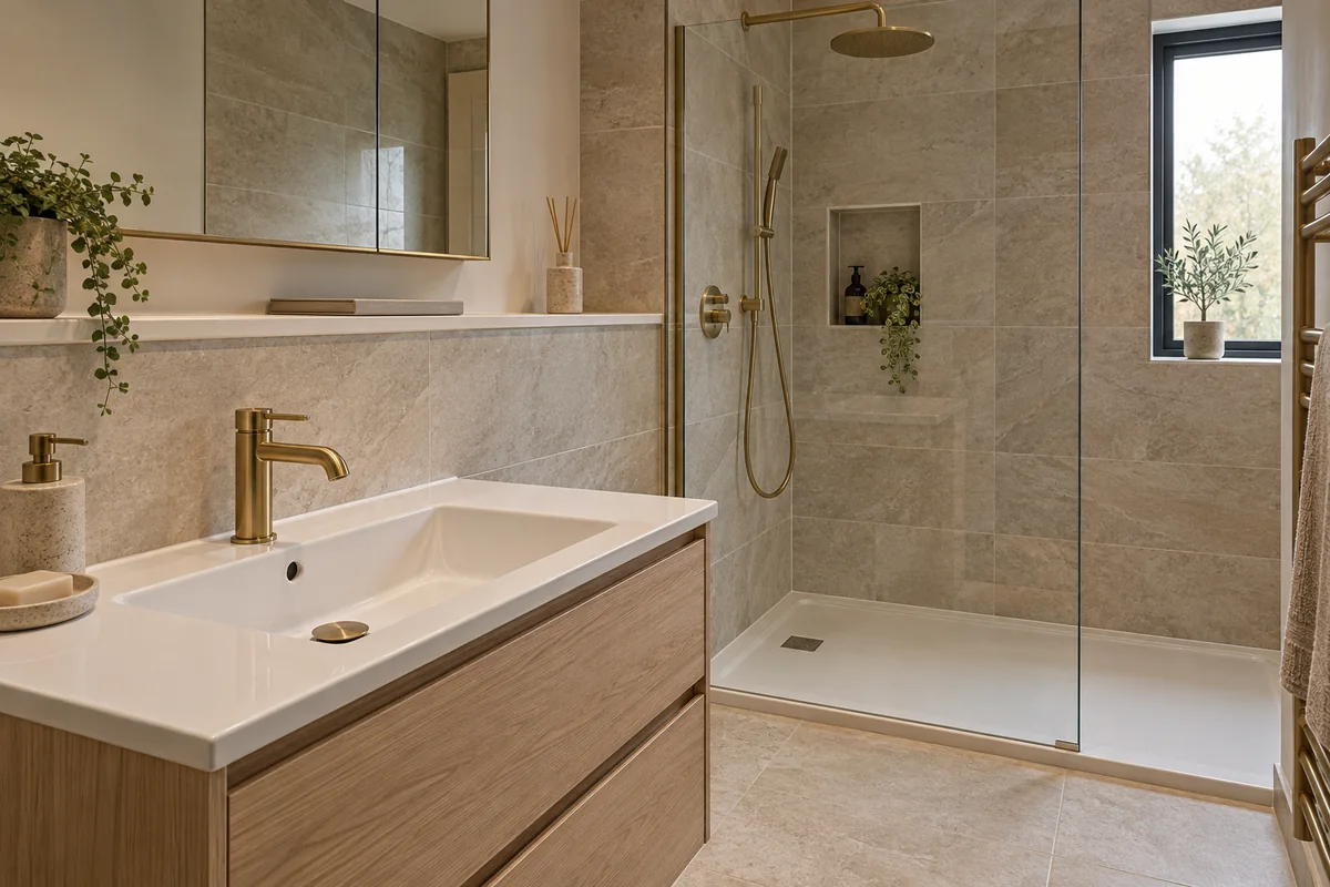 New bathroom fittings and tile edges at handover