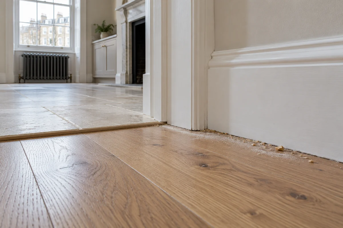 Fine renovation dust along an oak-floor threshold
