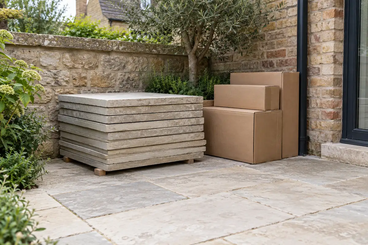 Spare paving slabs separated from packaging for collection