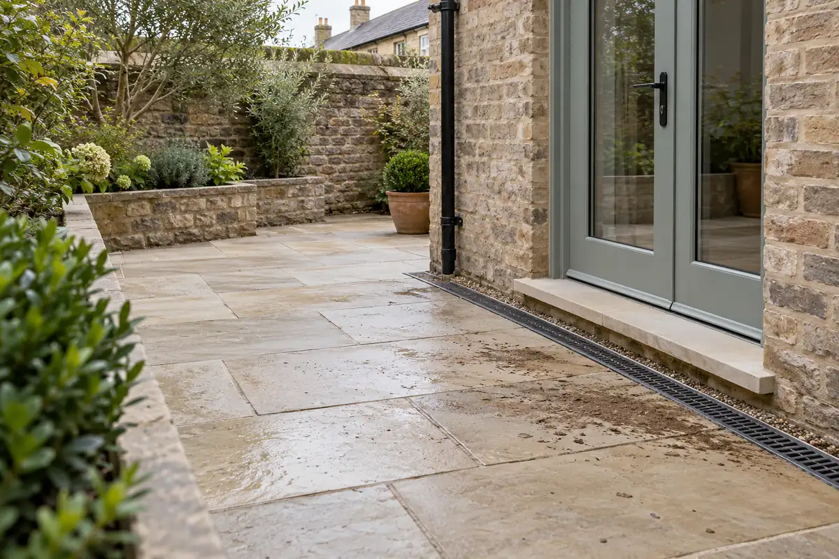 Courtyard paving, threshold and drainage channel before washing