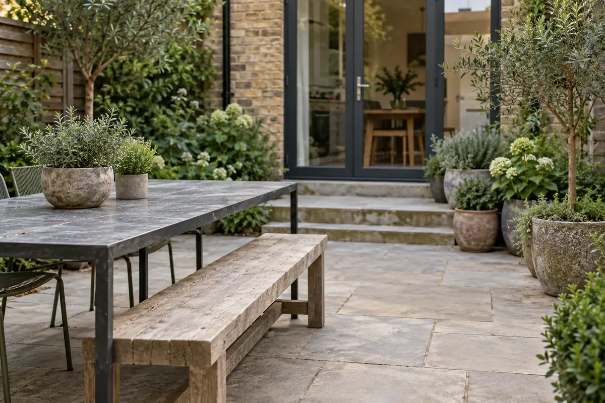 Garden furniture and pots beside a clear patio route