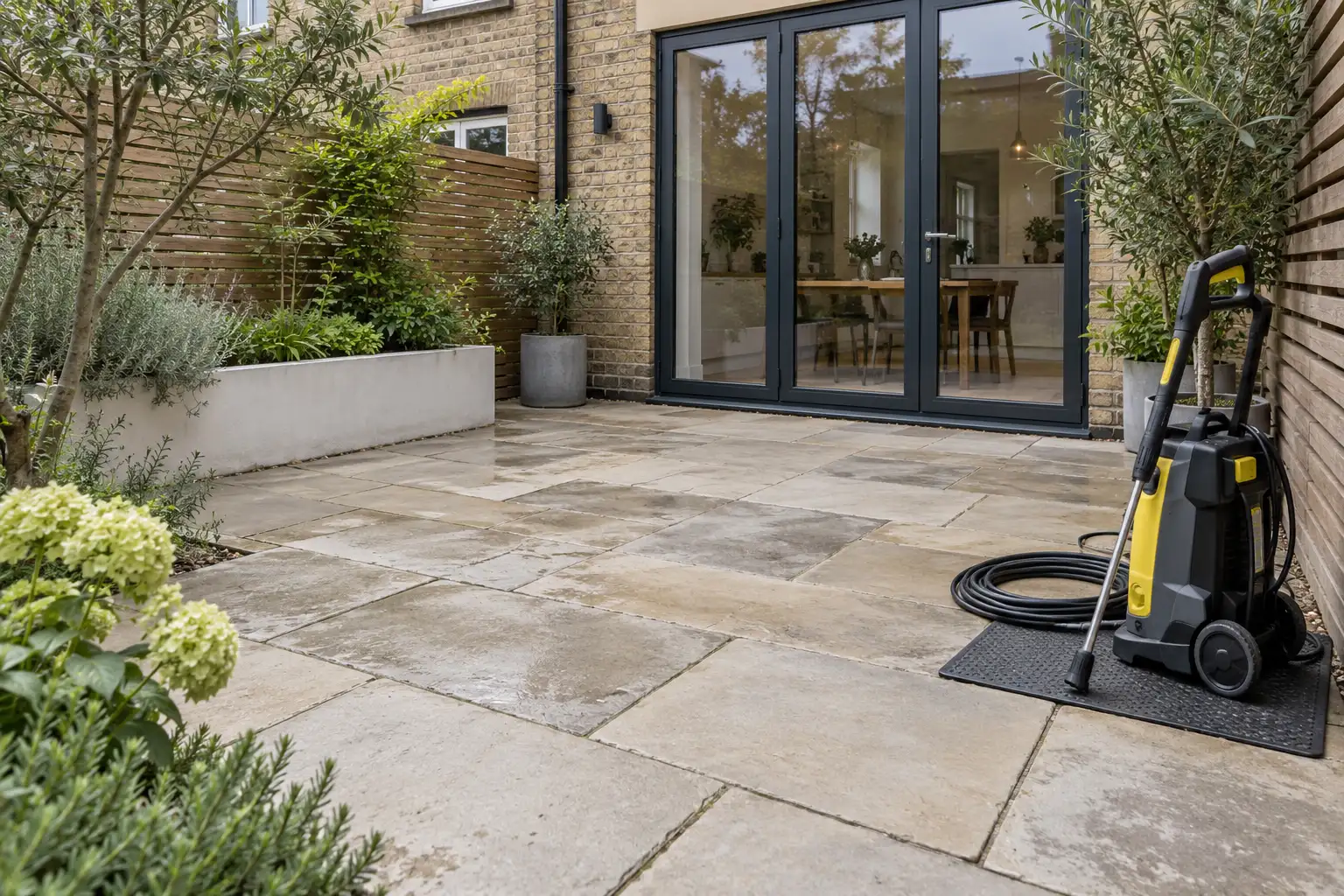 Stone patio and parked washing equipment before surface assessment