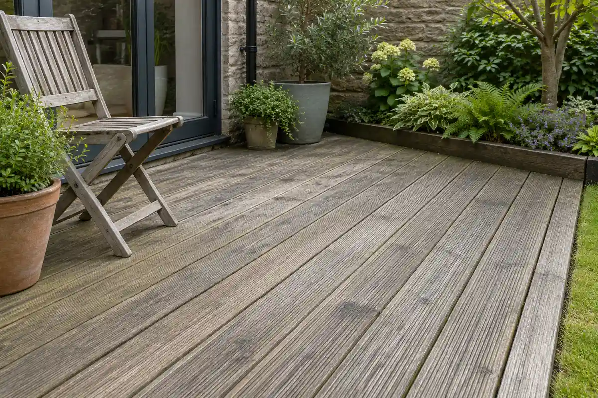 Timber decking with a clear area for checking the finish