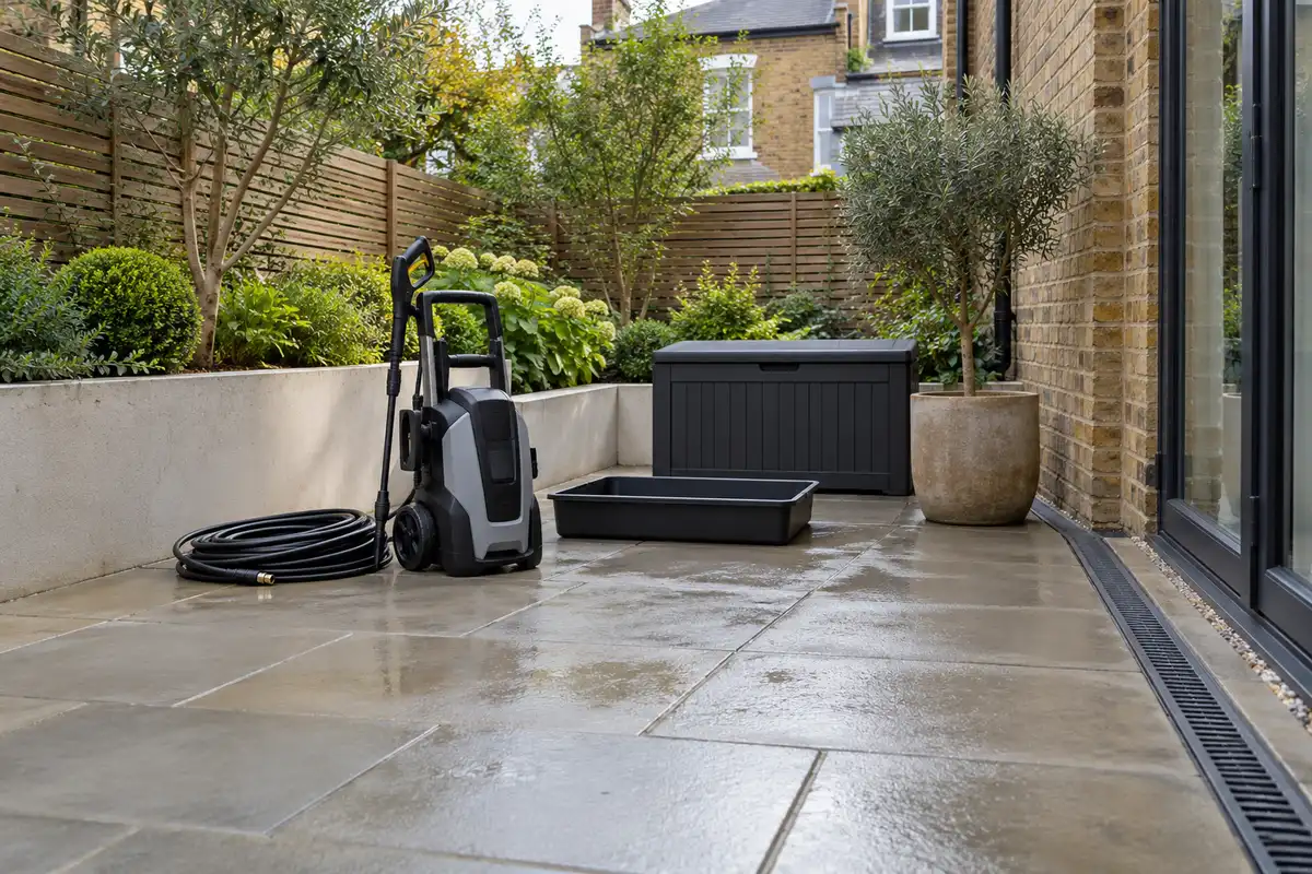 Pressure-washing equipment and coiled hose beside a patio