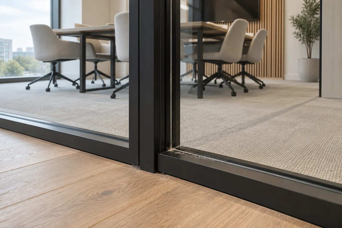 Meeting-room glazing and frame edge after refurbishment