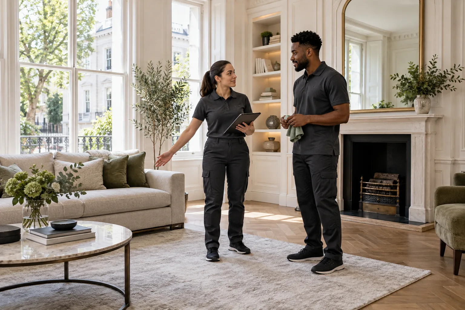 Two cleaning professionals discussing room readiness