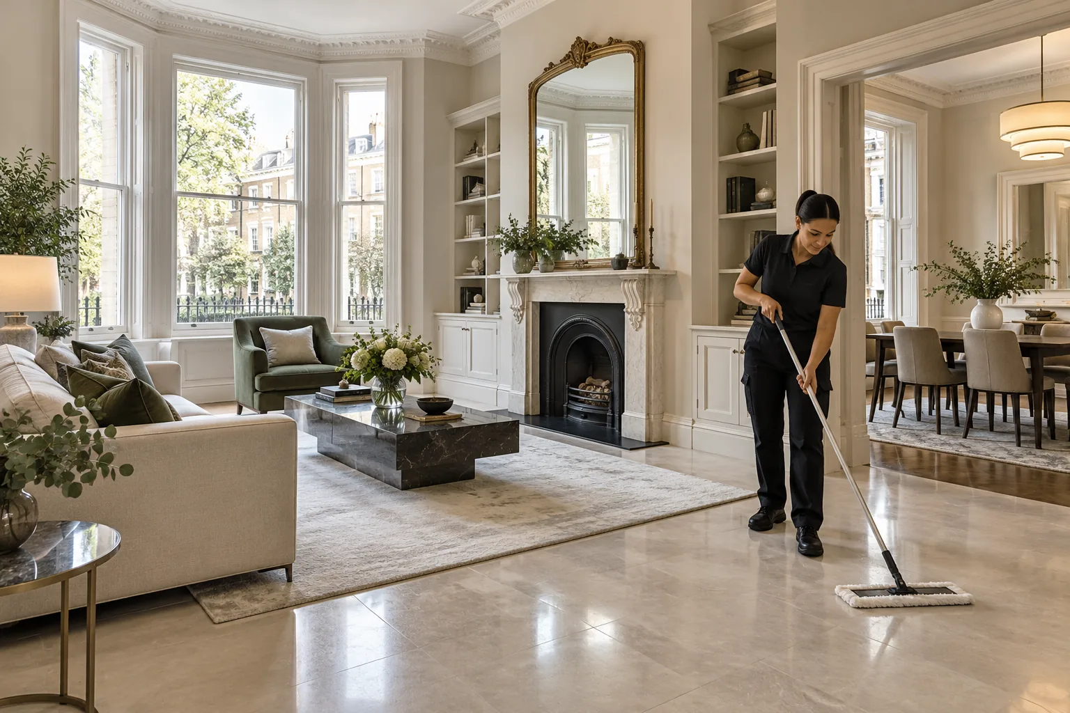 Completed London townhouse refurbishment with cleaner finishing floor