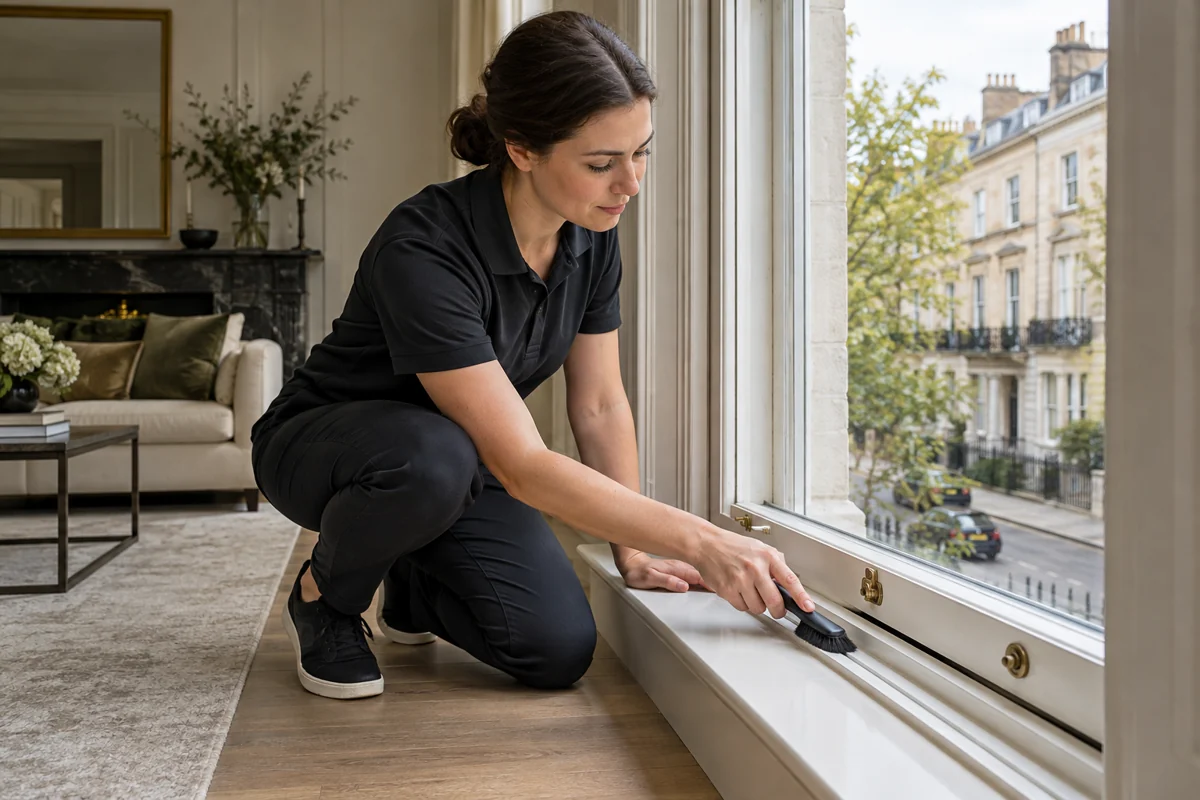 Window track with small soft cleaning brush and realistic hand