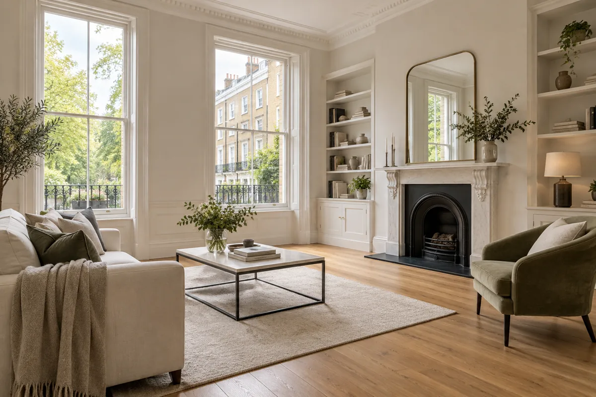 Finished empty living room with clean oak floor and sash windows