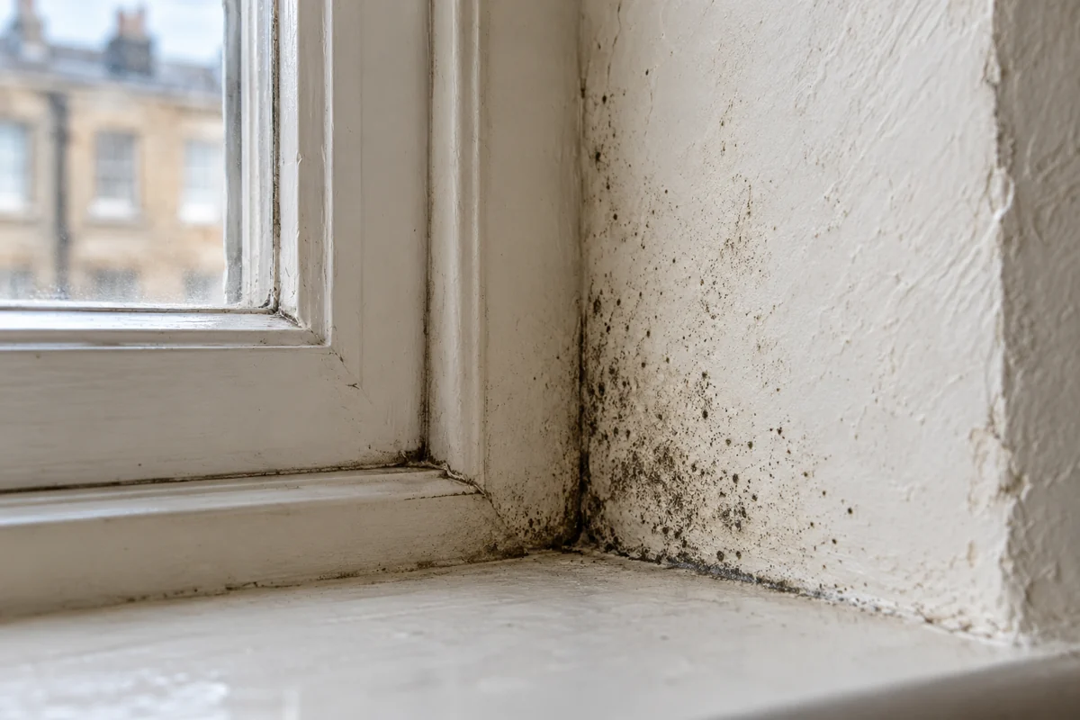 Mould speckles on painted plaster beside a sash window