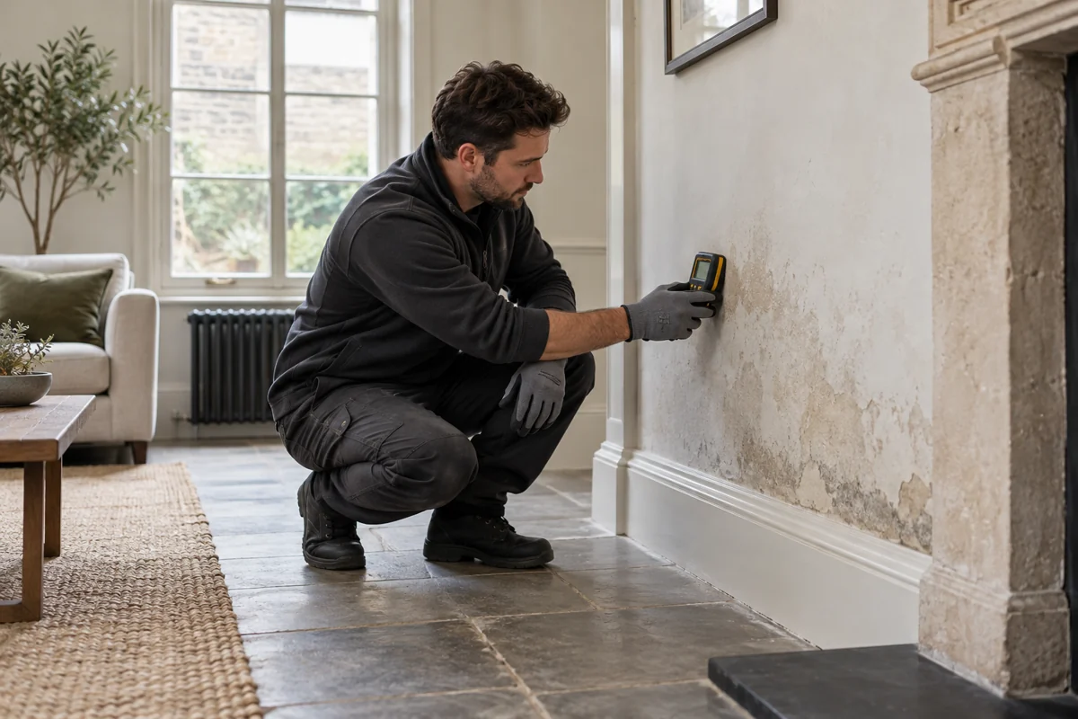 Gloved hand using moisture meter on damp wall