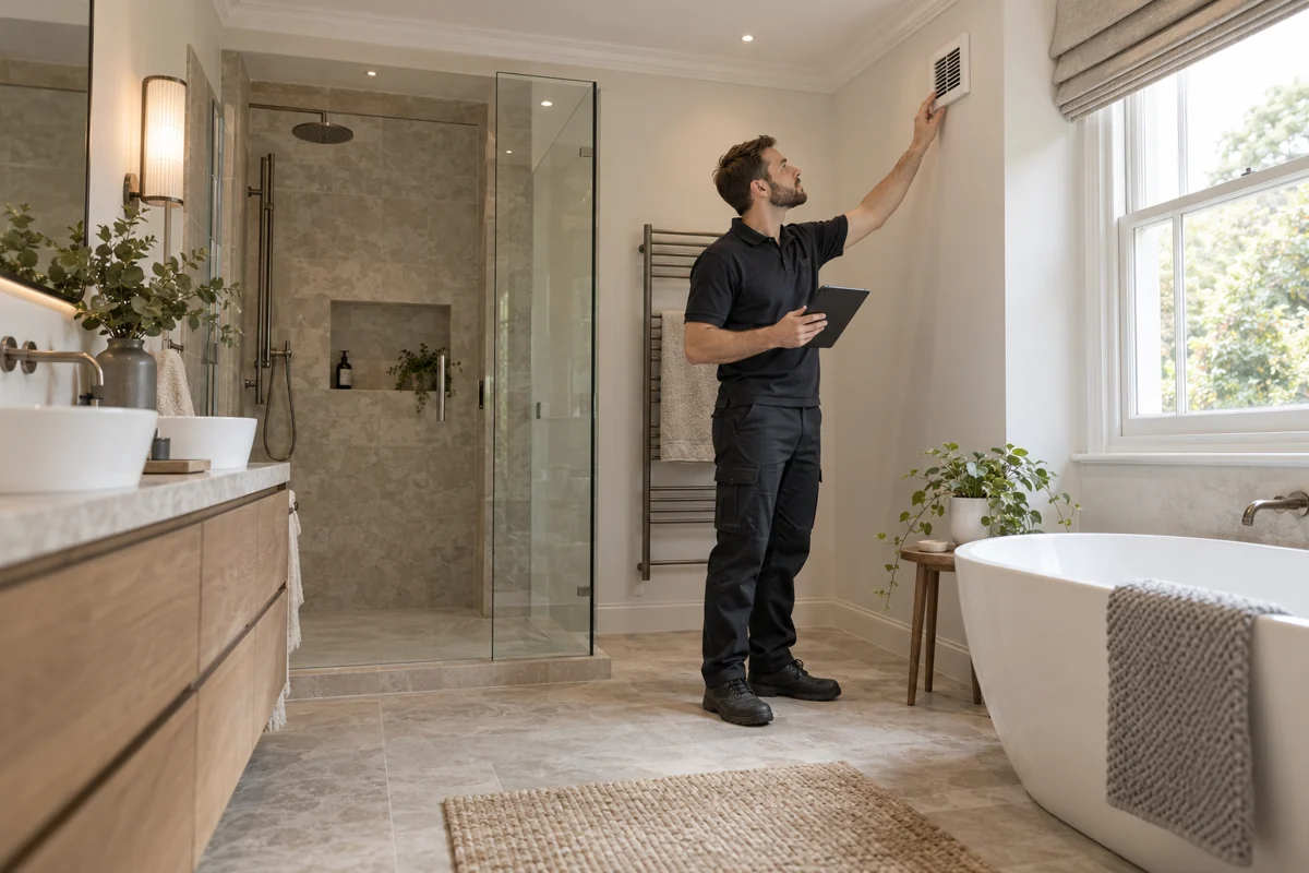 Professional inspecting bathroom ventilation grille from safe floor level