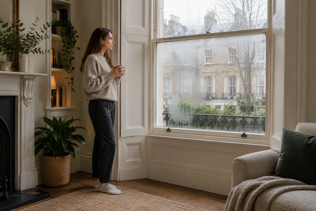 Condensation on interior sash window and surrounding paint detail