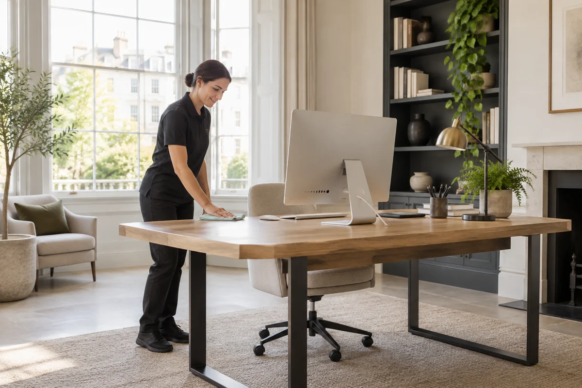 Clean desk surfaces and monitor with cables safely organised