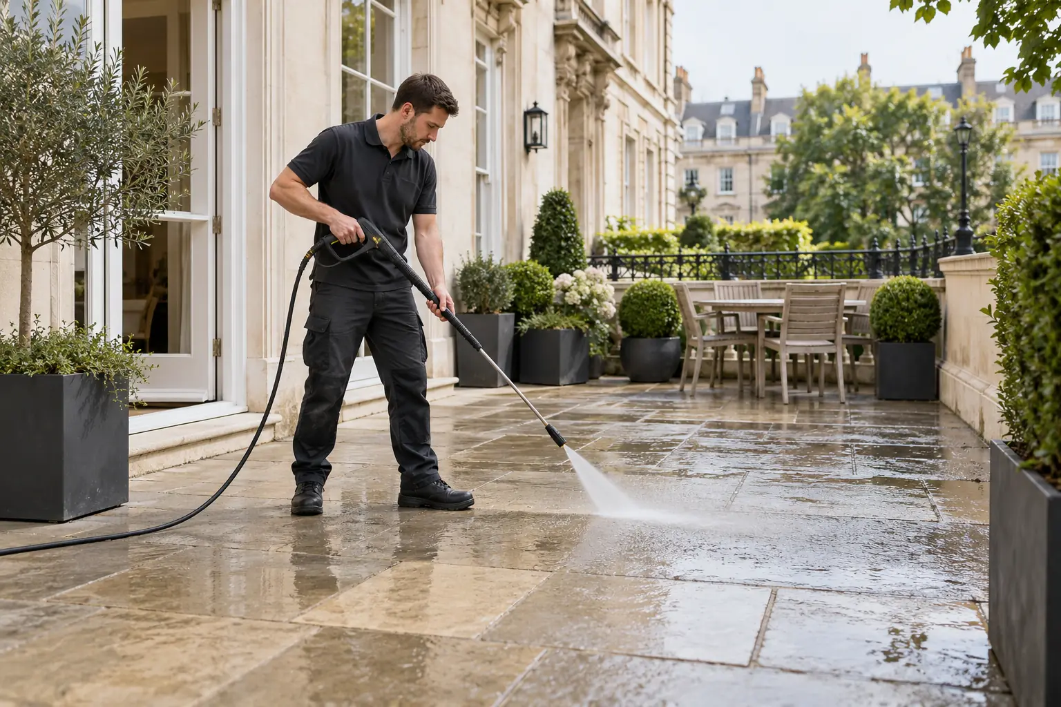 London stone patio with professional using controlled washing wand