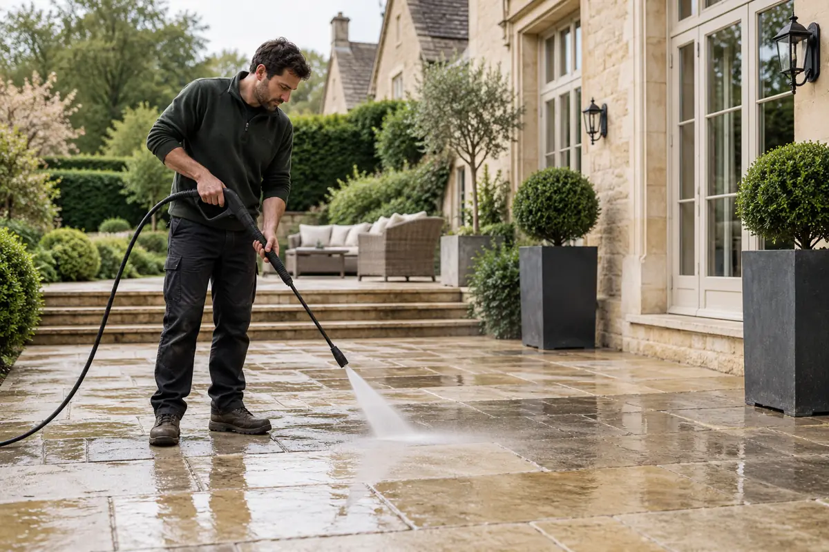 Pressure washing suitable stone paving
