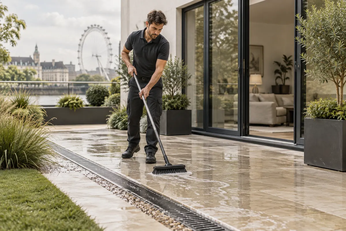 Terrace drain and controlled runoff near patio edge