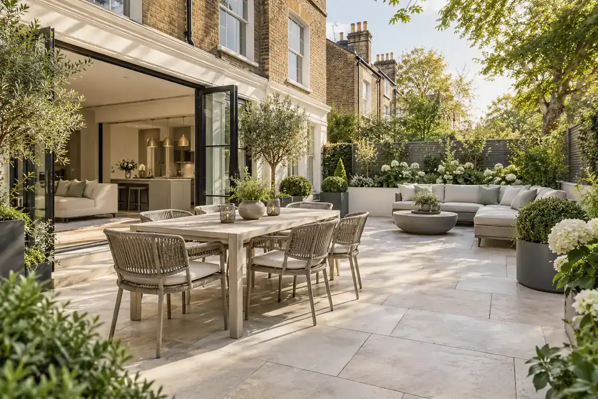Finished London garden terrace with clean natural stone paving