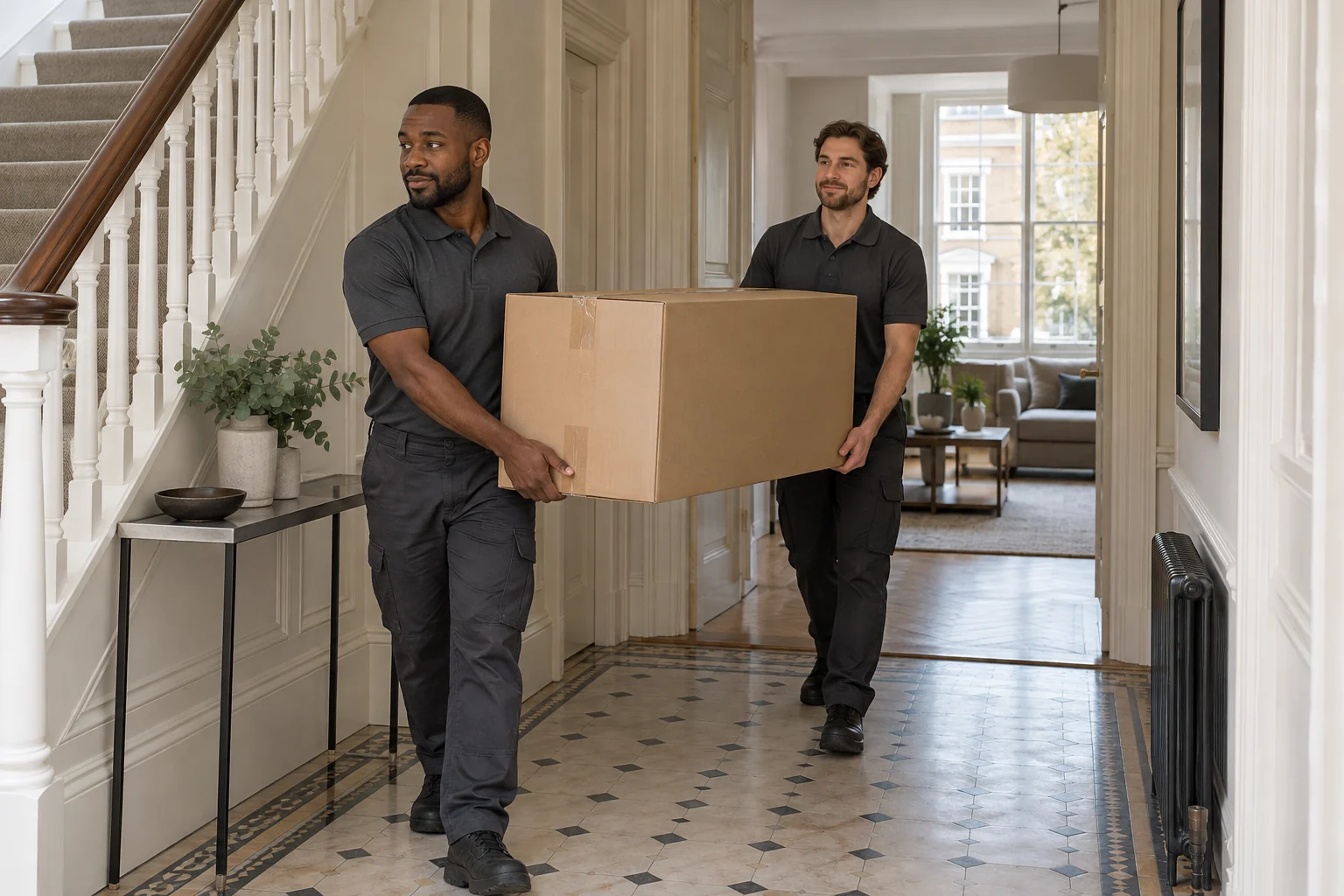 Two adult movers in plain charcoal uniforms carrying sealed carton through clear London flat hall