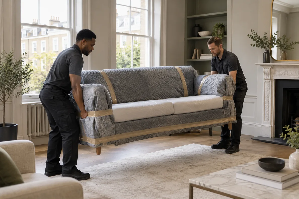 Carefully padded sofa ready for transport inside London home