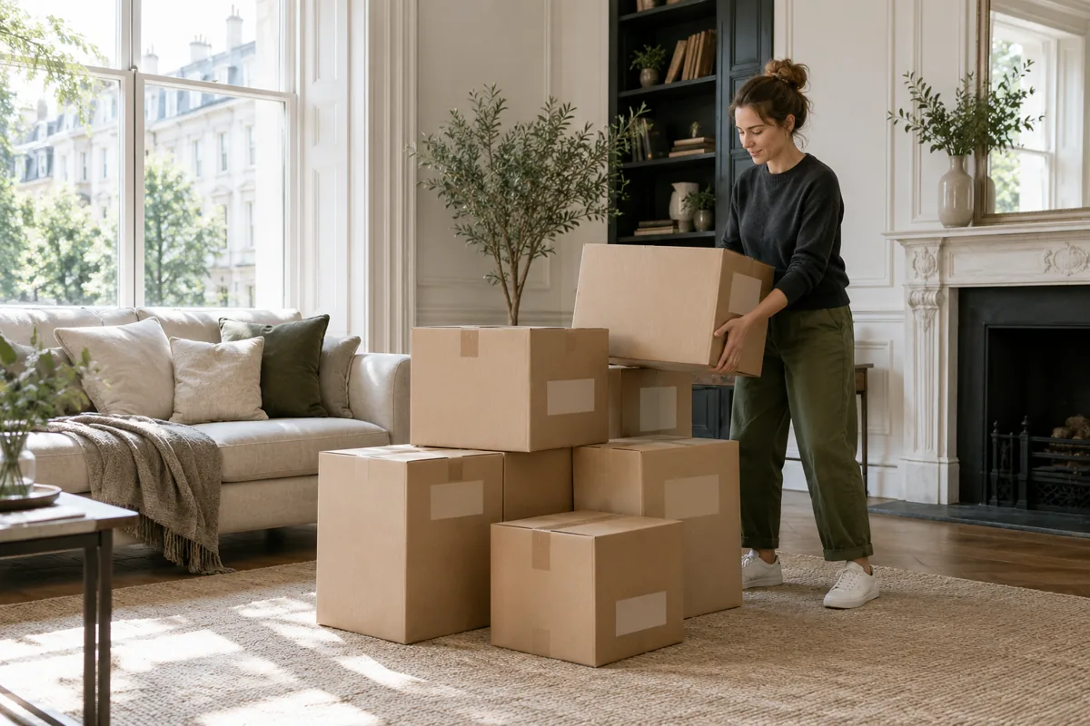 Sturdy cardboard boxes with blank labels neatly stacked