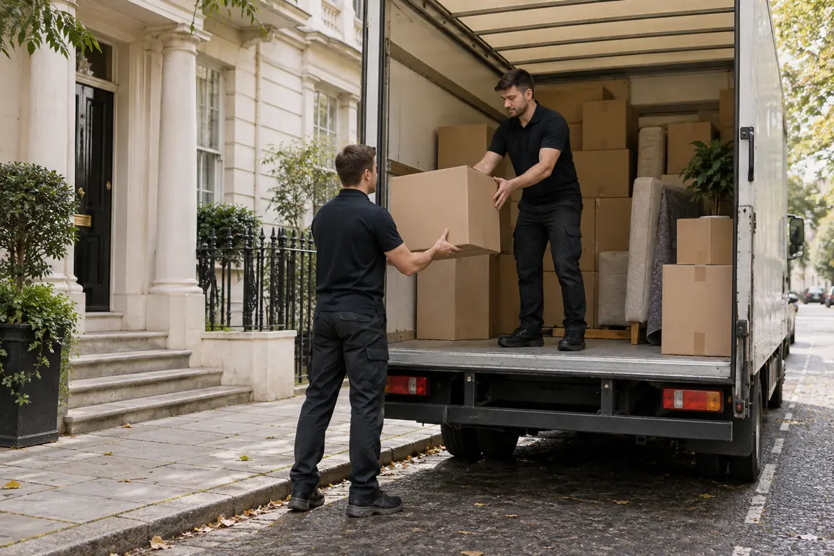 Unbranded moving van with neatly secured blank boxes inside