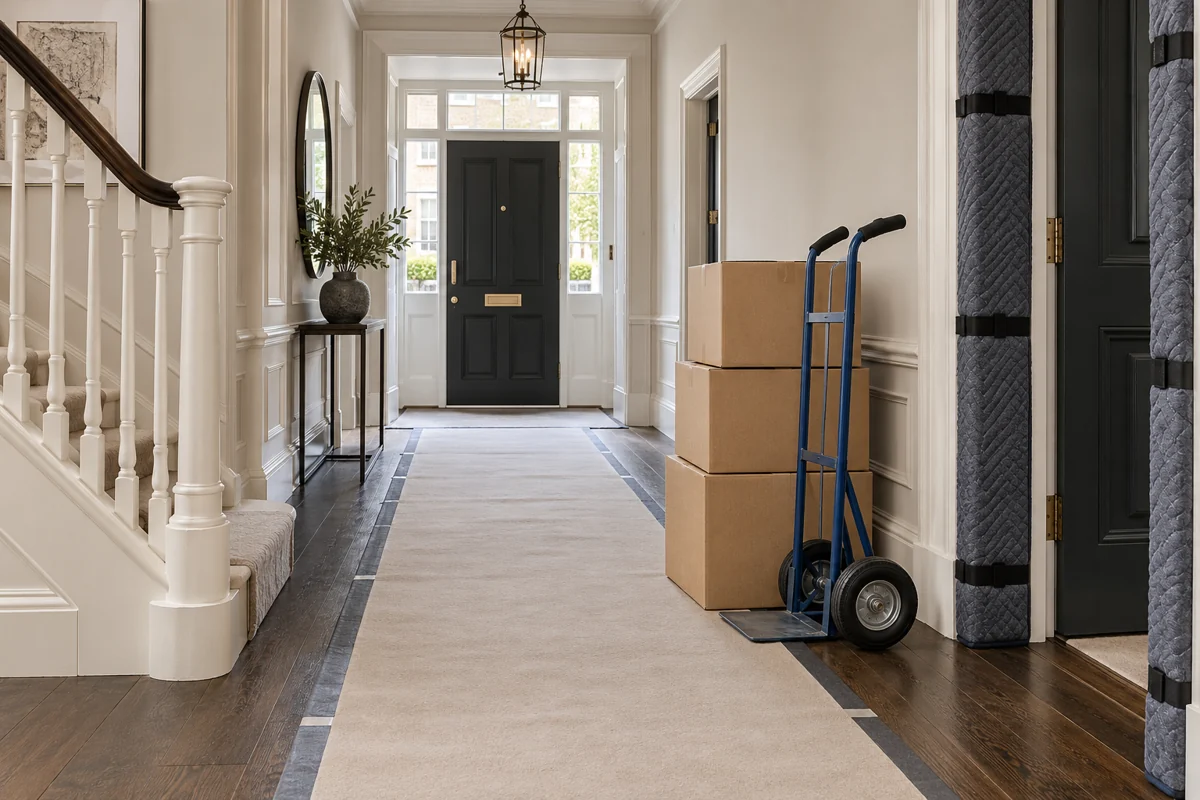 Moving trolley and plain boxes beside a protected doorway