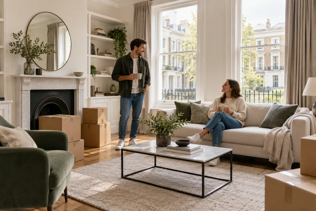 Settled new London living room with a few neatly placed sealed moving boxes