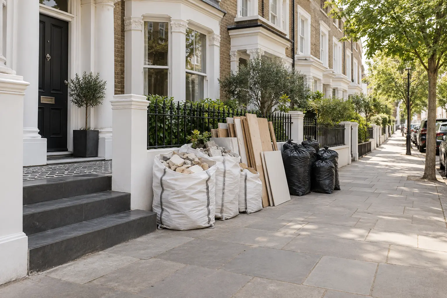 Neatly segregated bagged renovation waste outside London terraced home