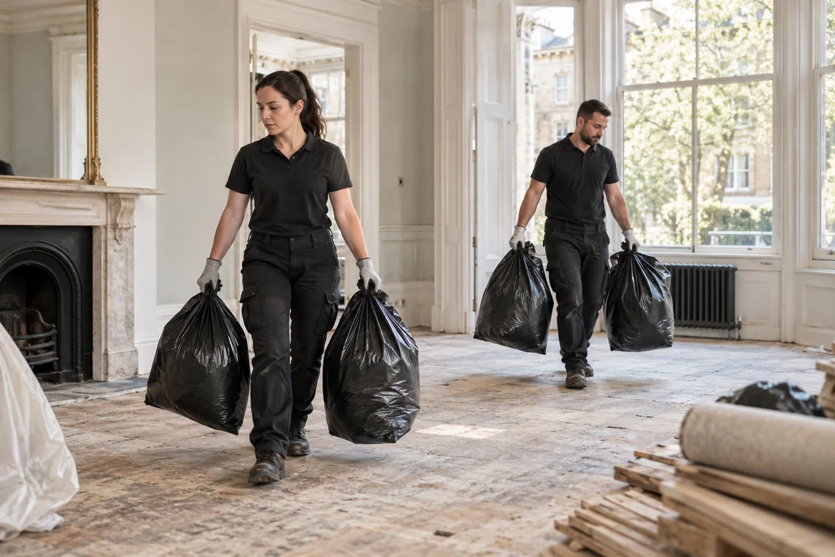 Professional workers carrying sealed debris bags with gloves